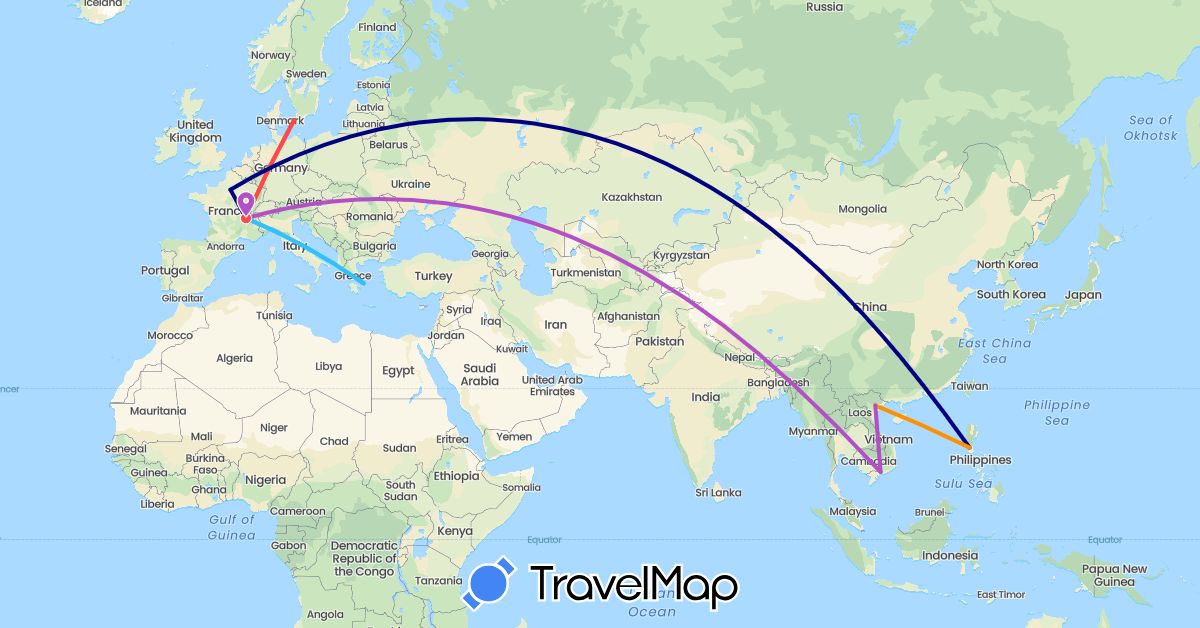 TravelMap itinerary: driving, train, hiking, boat, hitchhiking in Denmark, France, Greece, Philippines, Vietnam (Asia, Europe)