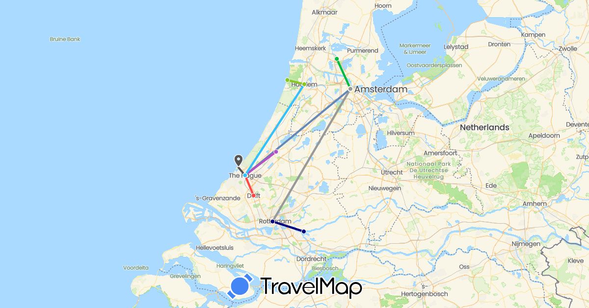 TravelMap itinerary: driving, bus, plane, cycling, train, hiking, boat, motorbike, electric vehicle in Netherlands (Europe)